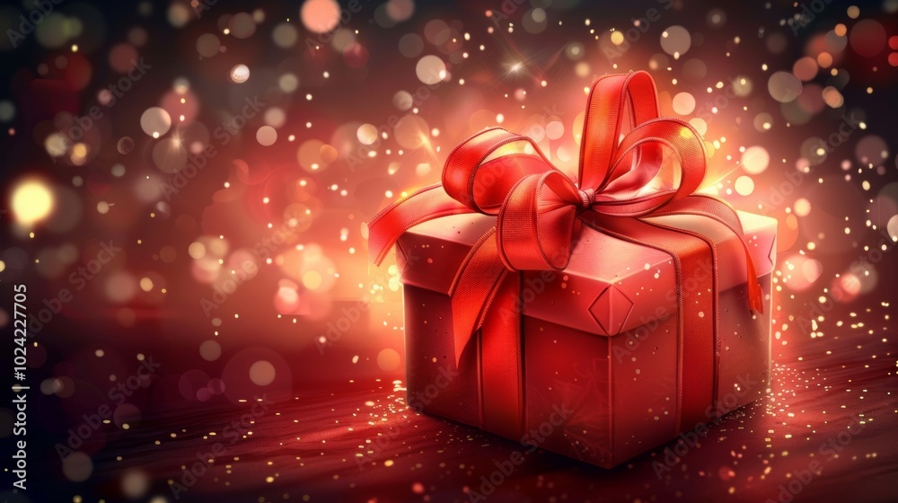 A red box with a red ribbon on top of it. The box is on a table and the background is blurry A red box with a red ribbon on top of it. The box is on a table and the background is blurry