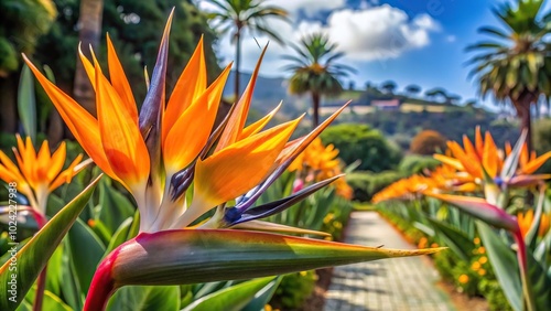 Fototapeta Naklejka Na Ścianę i Meble -  Tropical flowers reflected in a pond in the botanical garden of Funchal, Madeira