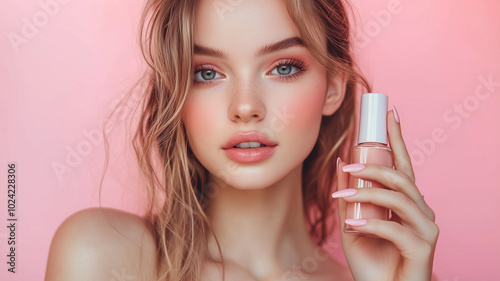 A model with perfectly polished nails shows off her fresh French manicure while holding a bottle of nail polish, showcasing her beauty routine and skill in makeup. Ai generated
