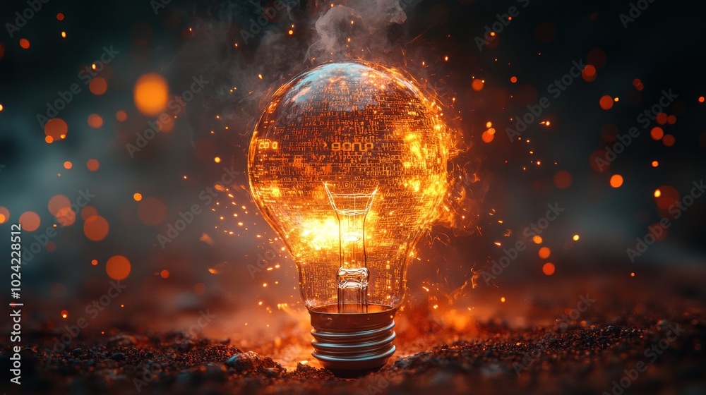 A light bulb is burning with fire and sparks flying out of it on a dark background. A light bulb is burning with fire and sparks flying out of it on a dark background.