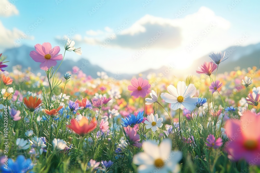 Obraz premium Field of wildflowers swaying gently in the wind, bright natural light, ultrarealistic detail of colorful petals and nature s open beauty