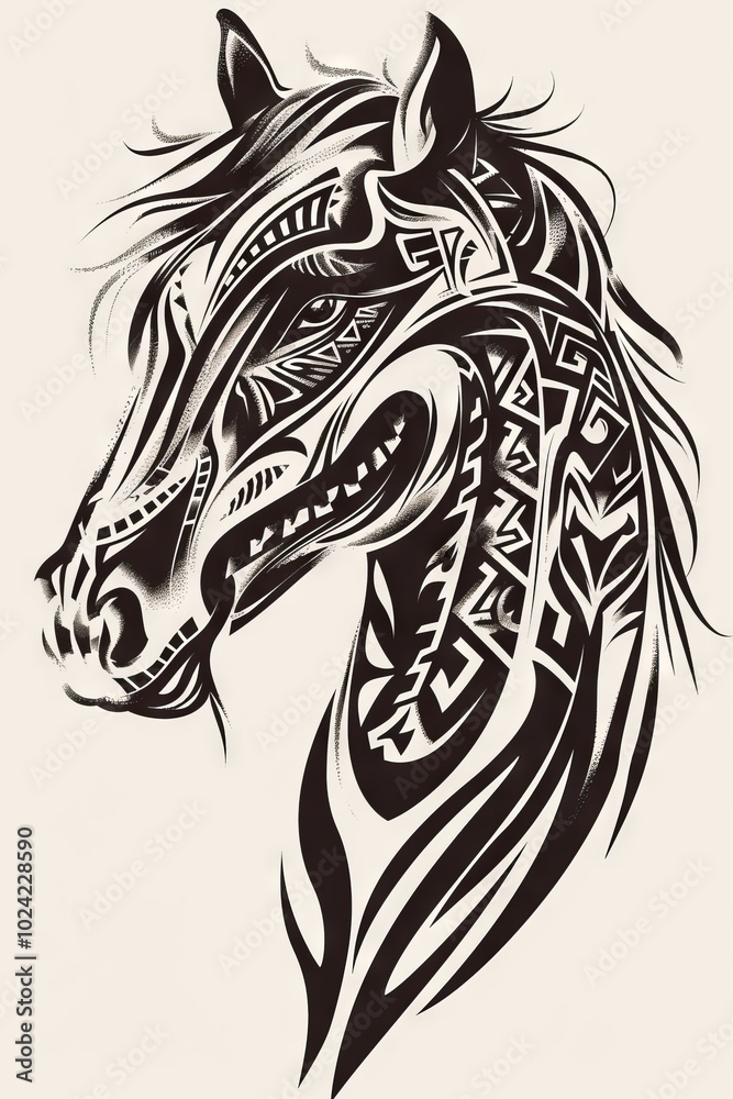 Horse head with intricate tribal designs in copy space. Horse head with intricate tribal designs in copy space.