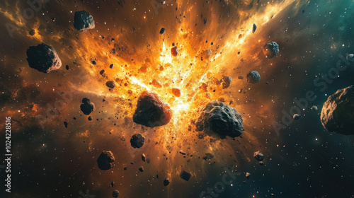 A massive explosion scatters asteroids through space, creating a chaotic and breathtaking celestial show.