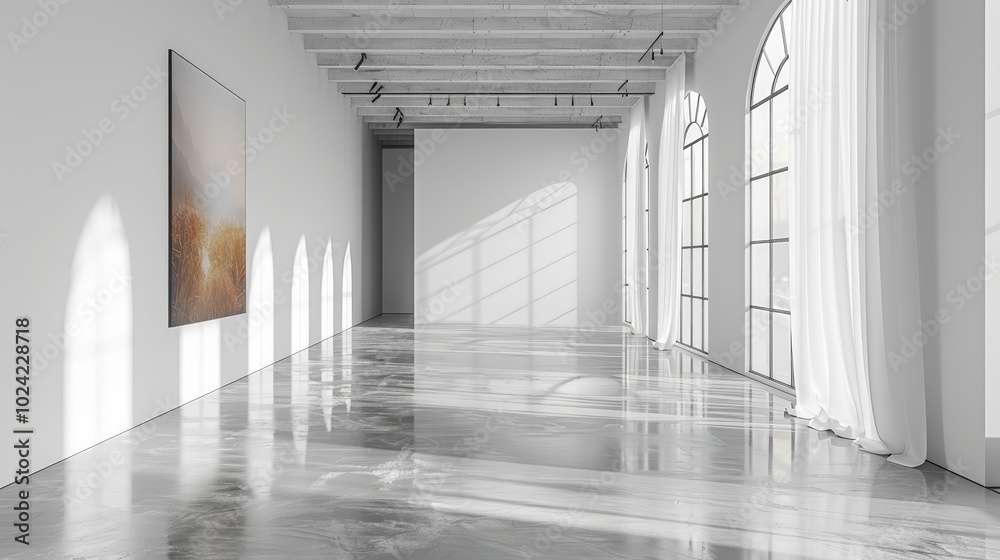 modern art gallery with large windows and sunlight streaming in modern art gallery with large windows and sunlight streaming in