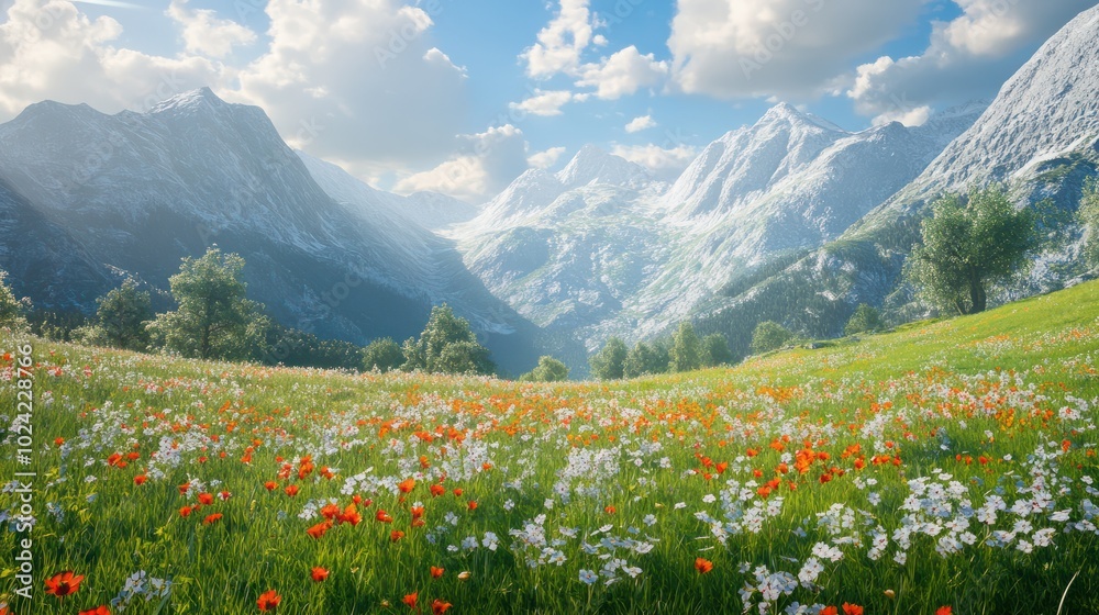 Idyllic mountain landscape in the Alps with blooming meadows in springtime Idyllic mountain landscape in the Alps with blooming meadows in springtime