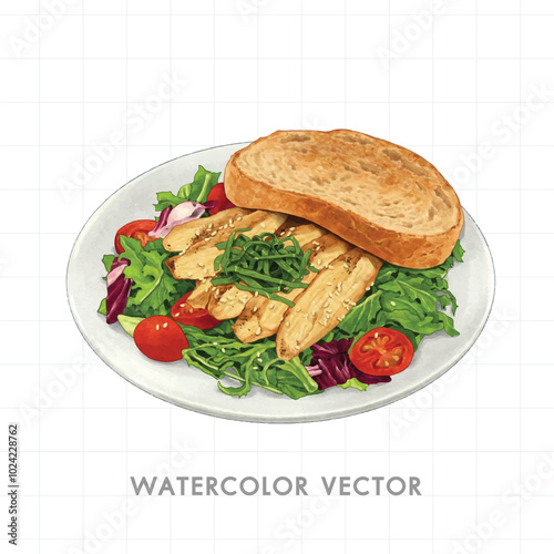 Green Salad with Toast Watercolor