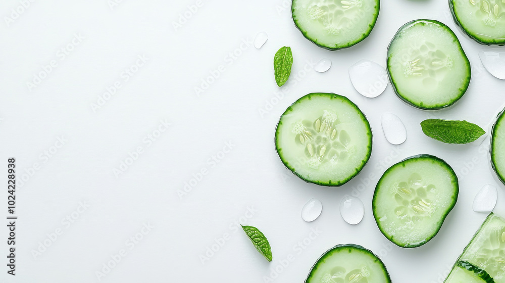 Fresh cucumber slices arranged on clean surface, accompanied by mint leaves and ice cubes, evoke refreshing and healthy vibe perfect for summer dishes or spa settings Fresh cucumber slices arranged on clean surface, accompanied by mint leaves and ice cubes, evoke refreshing and healthy vibe perfect for summer dishes or spa settings