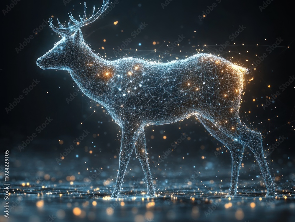 A stylized deer rendered as a wireframe with glowing points of light. A stylized deer rendered as a wireframe with glowing points of light.