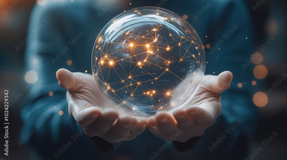 Fototapeta premium Pair of hands holding a transparent globe with digital connections and nodes superimposed over it, representing a network, global communication