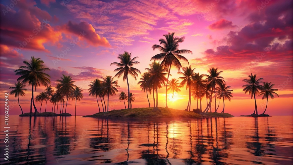 tropical island sunset with palm trees and pink sky forced perspective tropical island sunset with palm trees and pink sky forced perspective