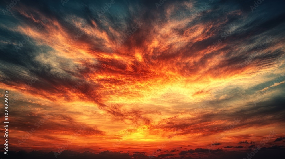 A vibrant sunset with dramatic clouds in shades of orange, red, and blue. A vibrant sunset with dramatic clouds in shades of orange, red, and blue.