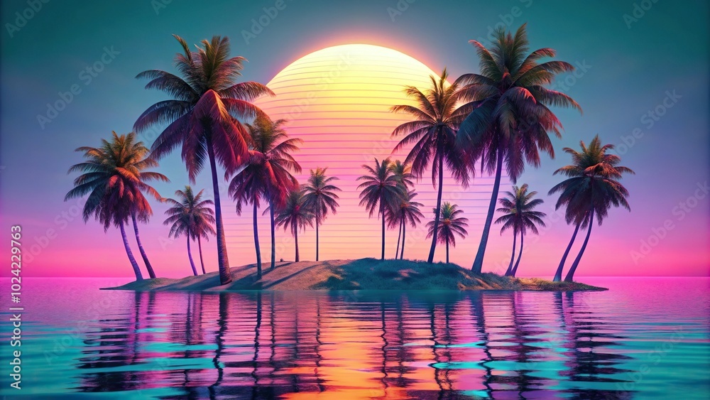 Tropical island with palm trees in vaporwave style Tropical island with palm trees in vaporwave style