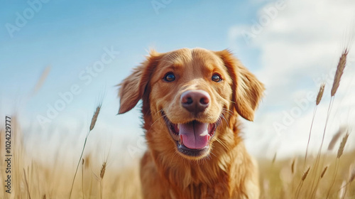 Happy golden retriever dog in sunny field of grass, showcasing its playful nature and joyful expression. bright blue sky adds to cheerful atmosphere