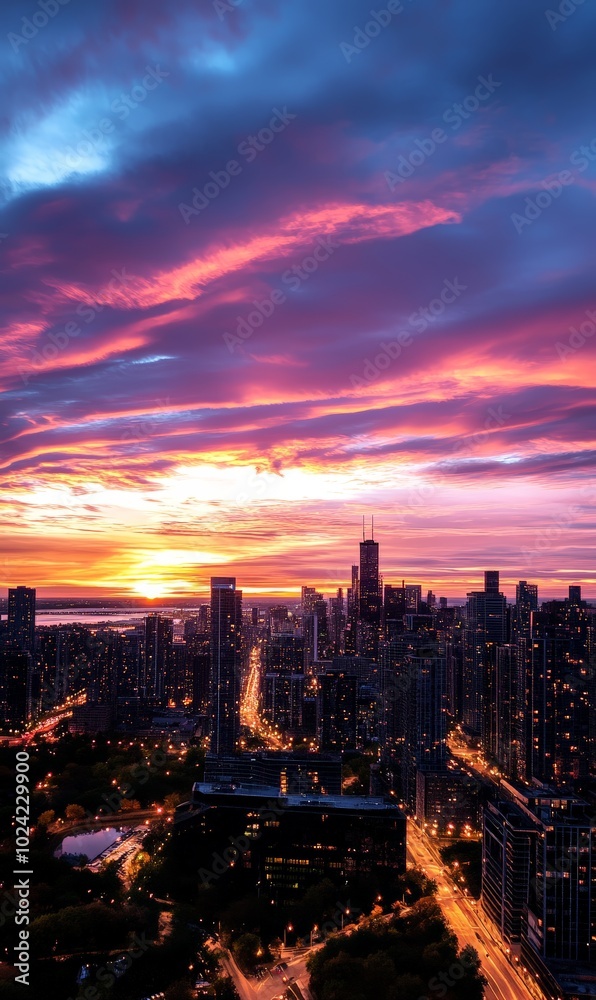 Fototapeta premium vibrant sunset over city skyline with colorful clouds mobile phone wallpaper