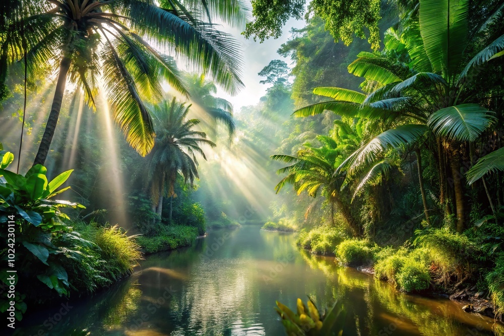 Tropical jungle with river, sun beam, and foggy garden Tropical jungle with river, sun beam, and foggy garden