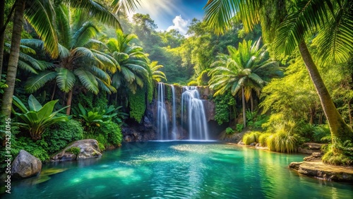 Tropical jungle with waterfall and pool