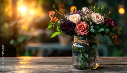 Fototapeta Naklejka Na Ścianę i Meble -  bouquet of mixed roses in glass jar at sunset