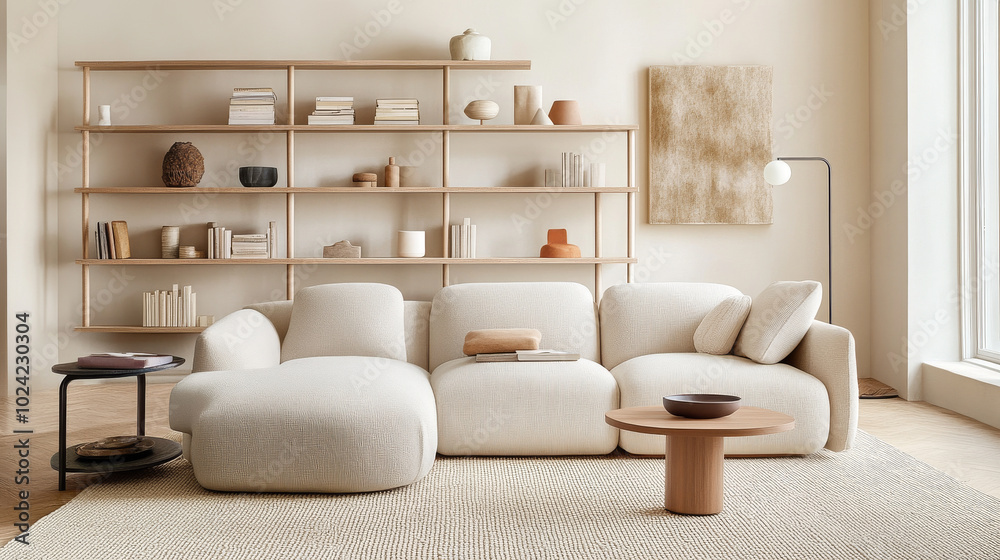 A modern living room featuring stylish beige sofa, minimalist decor, and wooden shelf filled with various decorative items. warm tones create cozy atmosphere A modern living room featuring stylish beige sofa, minimalist decor, and wooden shelf filled with various decorative items. warm tones create cozy atmosphere