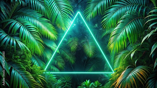 Fototapeta Naklejka Na Ścianę i Meble -  Tropical jungle with neon triangle frame at eye level