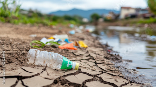 image depicts polluted riverbank with plastic waste scattered along dry, cracked earth, highlighting environmental degradation and impact of human activity on nature