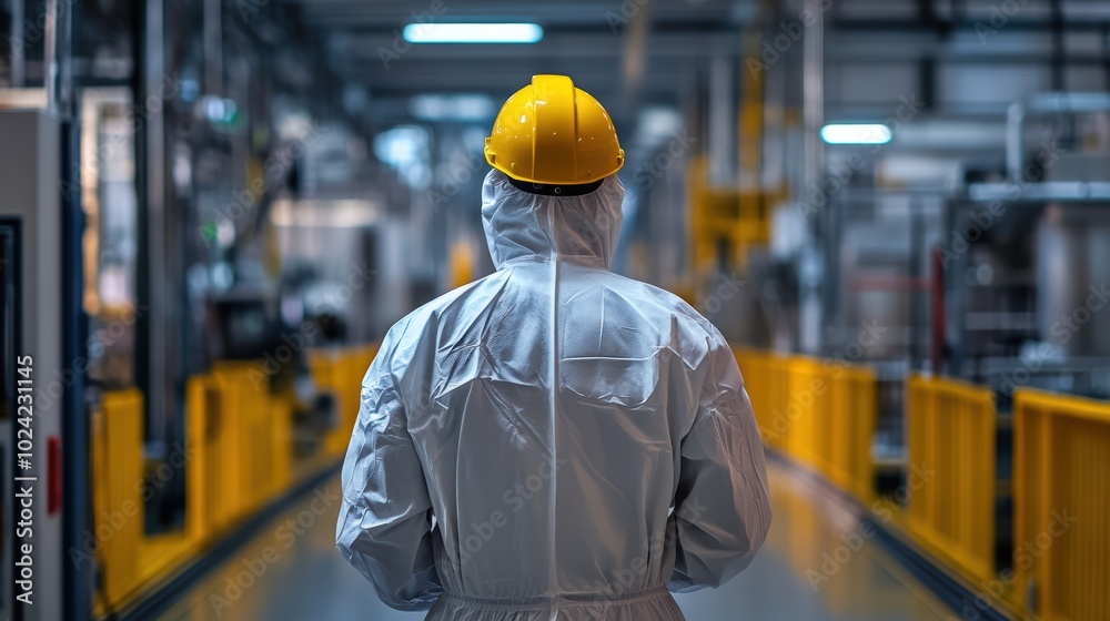 Worker in uniform at work. View from Behind on a Occupational Health and Safety worker in Personal protective equipment Looking at the production hall and his coworkers. Worker in uniform at work. View from Behind on a Occupational Health and Safety worker in Personal protective equipment Looking at the production hall and his coworkers.