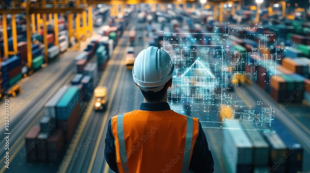 Worker overseeing operations at a busy container port Generative AI image Worker overseeing operations at a busy container port Generative AI image