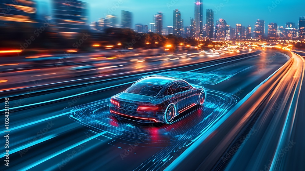 Smart autonomous car driving on a tech-enhanced highway, glowing holographic displays showing speed, AI navigation, and road conditions, advanced city in the distance, cinematic lighting, Smart autonomous car driving on a tech-enhanced highway, glowing holographic displays showing speed, AI navigation, and road conditions, advanced city in the distance, cinematic lighting,