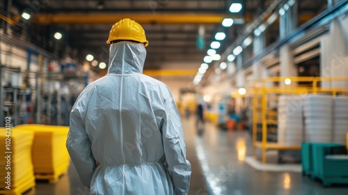 Worker in uniform at work. View from Behind on a Occupational Health and Safety worker in Personal protective equipment Looking at the production hall and his coworkers.