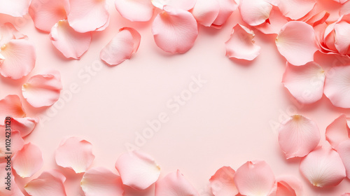 Delicate pink rose petals create soft and romantic frame, perfect for invitations or special occasions. Their gentle hues evoke feelings of love and beauty