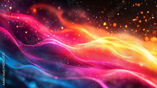 Abstract background with colorful glowing waves, particles, and bokeh lights.