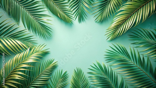 Tropical palm leaves on a pastel green background fisheye