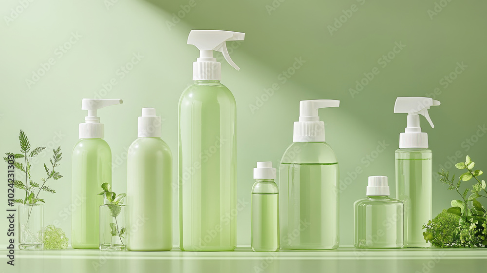Fresh and vibrant green bottles of various shapes and sizes are arranged against soft green background, surrounded by lush greenery, creating serene and natural atmosphere Fresh and vibrant green bottles of various shapes and sizes are arranged against soft green background, surrounded by lush greenery, creating serene and natural atmosphere