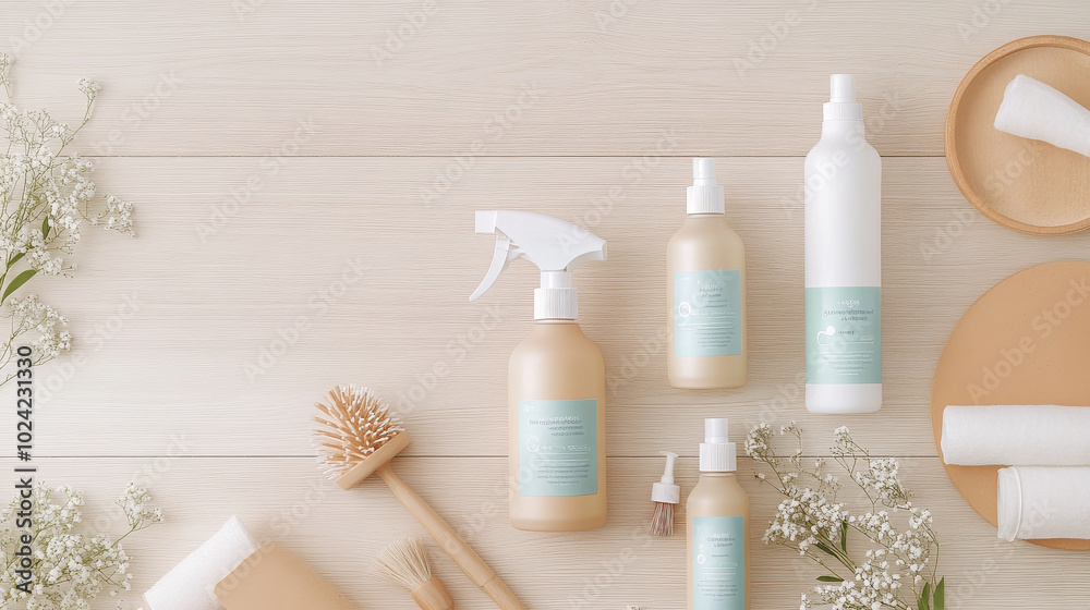 Eco friendly cleaning products arranged on wooden surface, surrounded by delicate flowers and cleaning tools, create serene and organized atmosphere Eco friendly cleaning products arranged on wooden surface, surrounded by delicate flowers and cleaning tools, create serene and organized atmosphere
