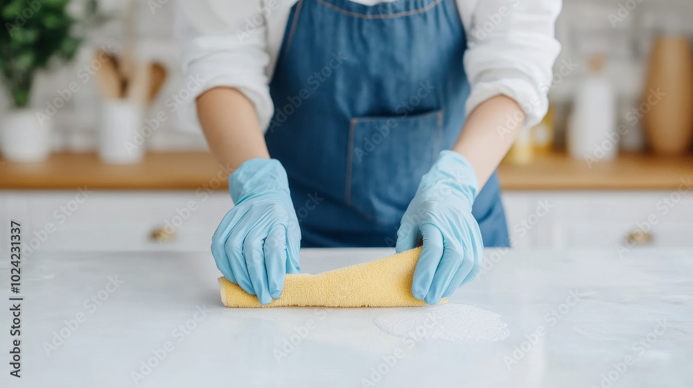 A person wearing blue gloves is cleaning kitchen countertop with yellow sponge, showcasing tidy and organized space. focus is on cleanliness and care in home maintenance A person wearing blue gloves is cleaning kitchen countertop with yellow sponge, showcasing tidy and organized space. focus is on cleanliness and care in home maintenance
