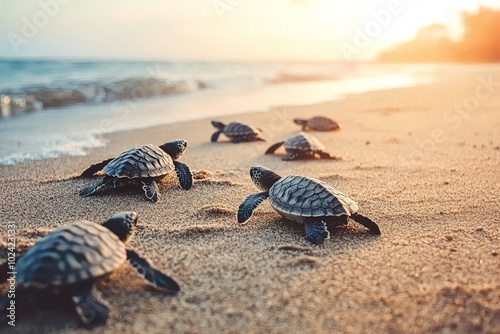Fototapeta Naklejka Na Ścianę i Meble -  Group of baby turtles on the beach heading to the ocean