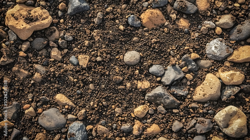The surface of textured soil showcases a variety of rocks and earthy tones in its composition The surface of textured soil showcases a variety of rocks and earthy tones in its composition
