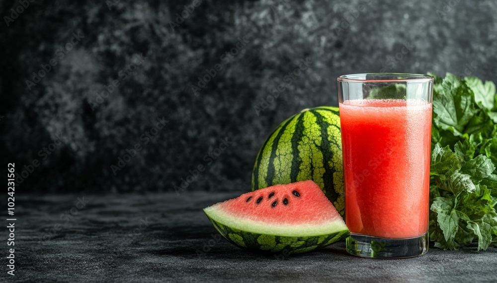 Watermelon juice with whole and sliced watermelon on a dark background
