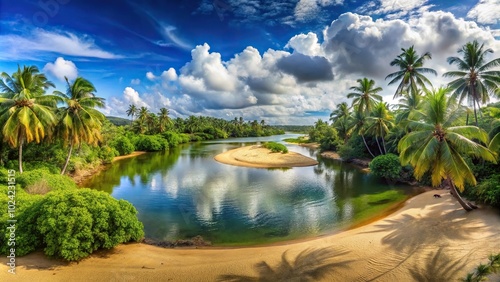 Tropical paradise with sandy shores, river, and panoramic view