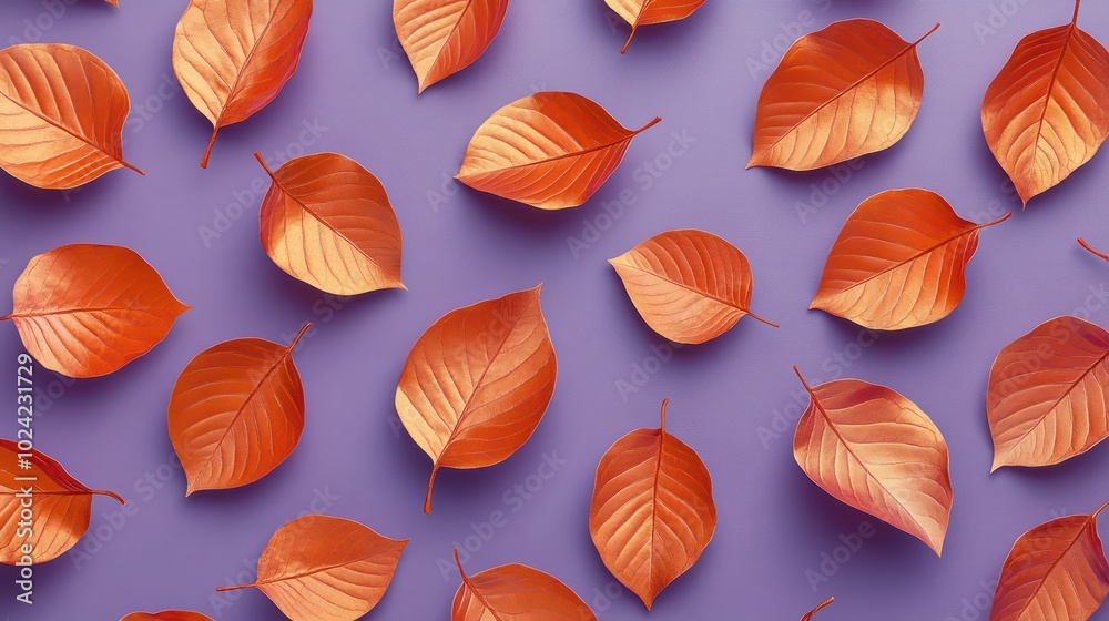 Pattern of dry orange metallic leaves on violet background Pattern of dry orange metallic leaves on violet background