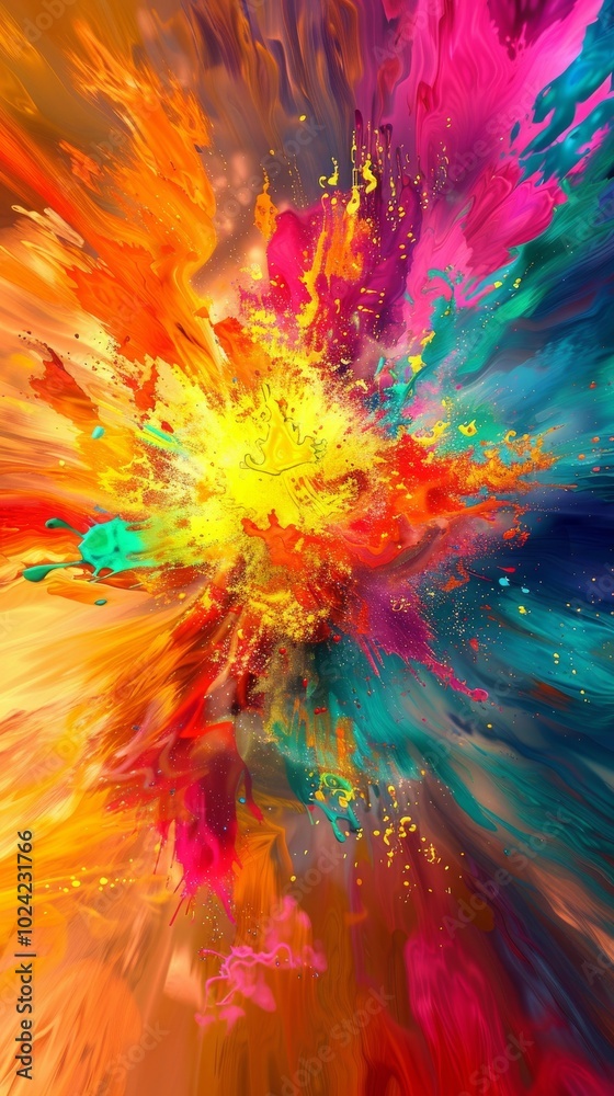 A colorful explosion of paint splatters on a canvas A colorful explosion of paint splatters on a canvas