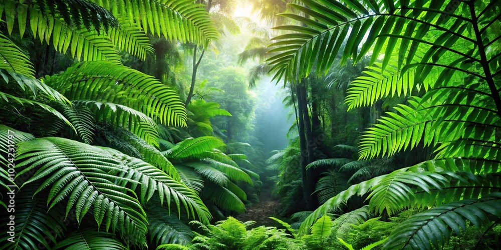 Tropical rainforest backdrop with green fern leaves Tropical rainforest backdrop with green fern leaves