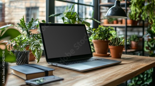 a workspace with a laptop with an empty blank screen - technology mockup of a computer