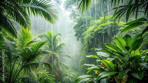 Tropical rainforest during monsoon season with lush plants and misty atmosphere