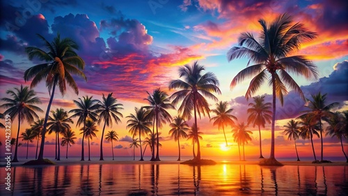 tropical sunset landscape with palm trees in forced perspective
