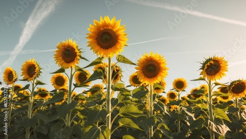 A field full of sunflowers glows brightly as sunlight filters through their centers. photo