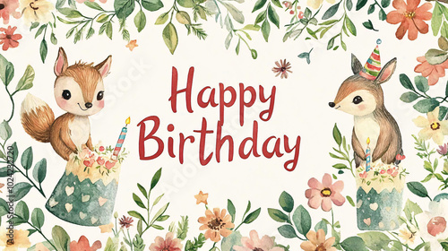 Adorable Watercolor Birthday Card With Forest Animals and Flowers