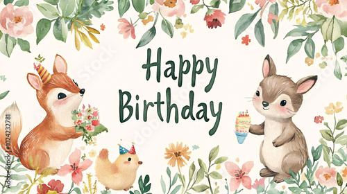 Charming Watercolor Birthday Card With Woodland Animals and Flowers