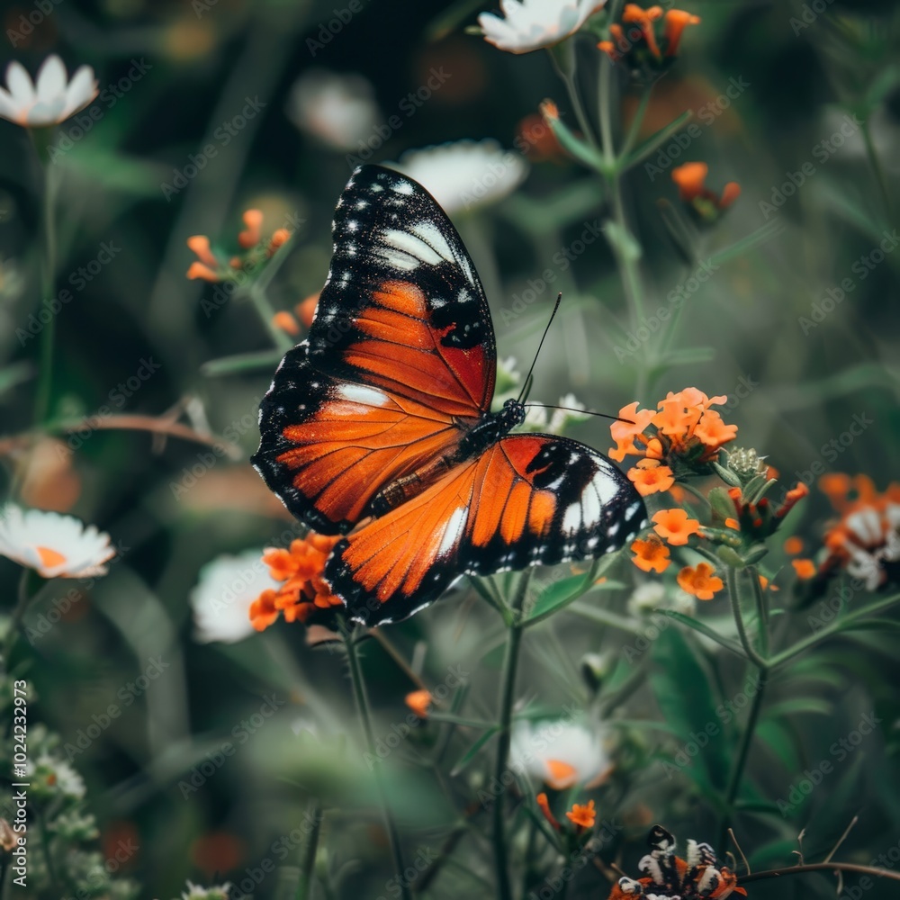 close-up of a butterfly resting on colorful flowers close-up of a butterfly resting on colorful flowers
