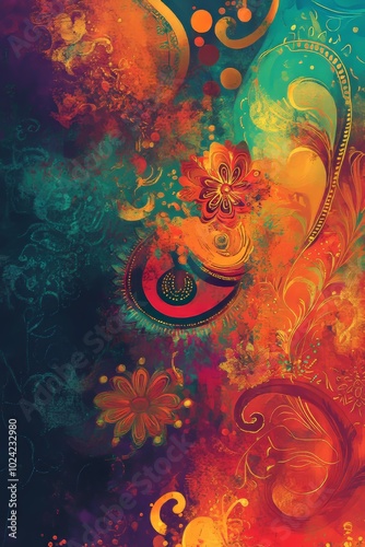 A vibrant abstract art piece featuring colorful swirls and intricate floral patterns, creating a dynamic and visually captivating composition.