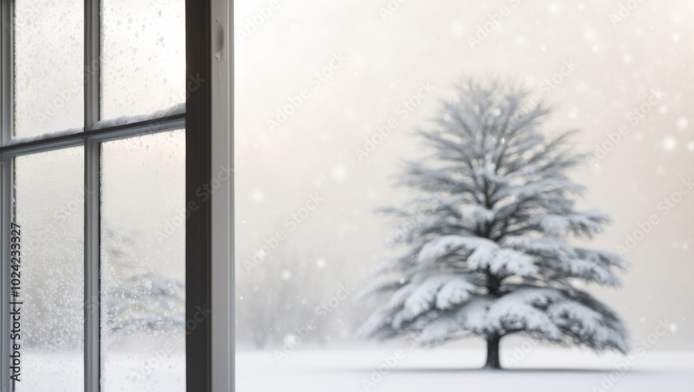 Fototapeta premium A window with snow on the exterior and a tree surrounded by snow outside it.